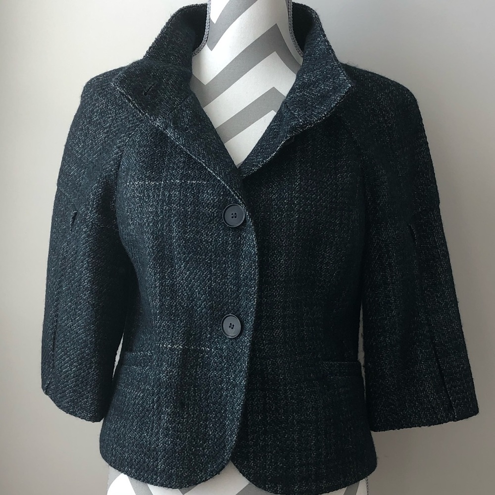 ANN TAYOR Black/Blue Tweed Mock Neck Jacket Size 6